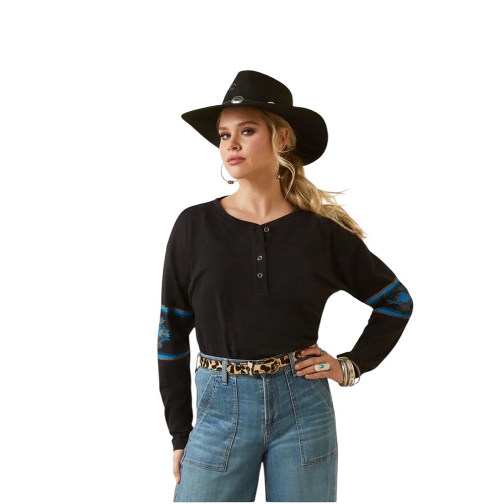 Ariat Women's Relaxed Henley Top Washed Black Aztec Long Sleeve Size Large